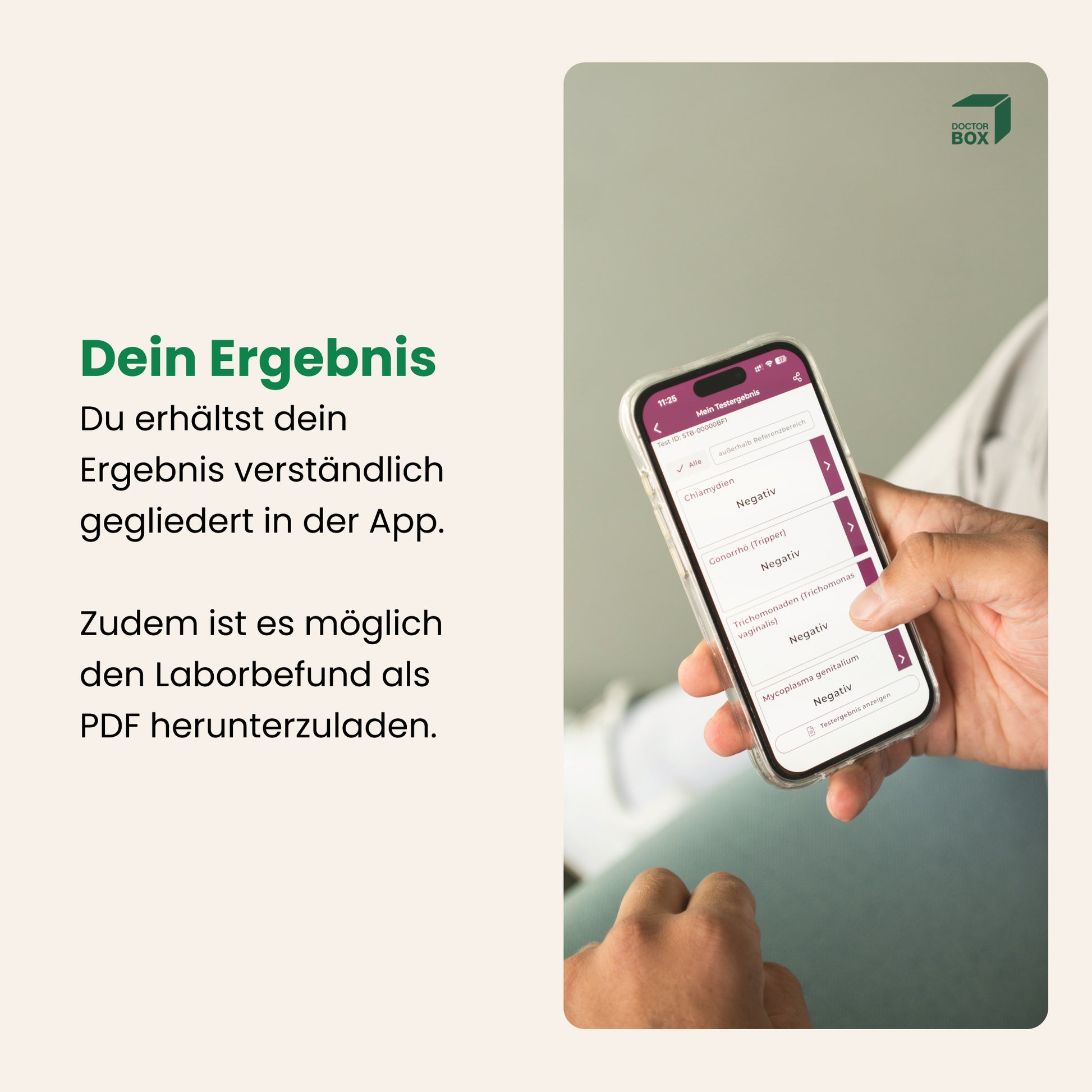 Anzeige der Ergebnisse in der DoctorBox App nach einem Heimtest.