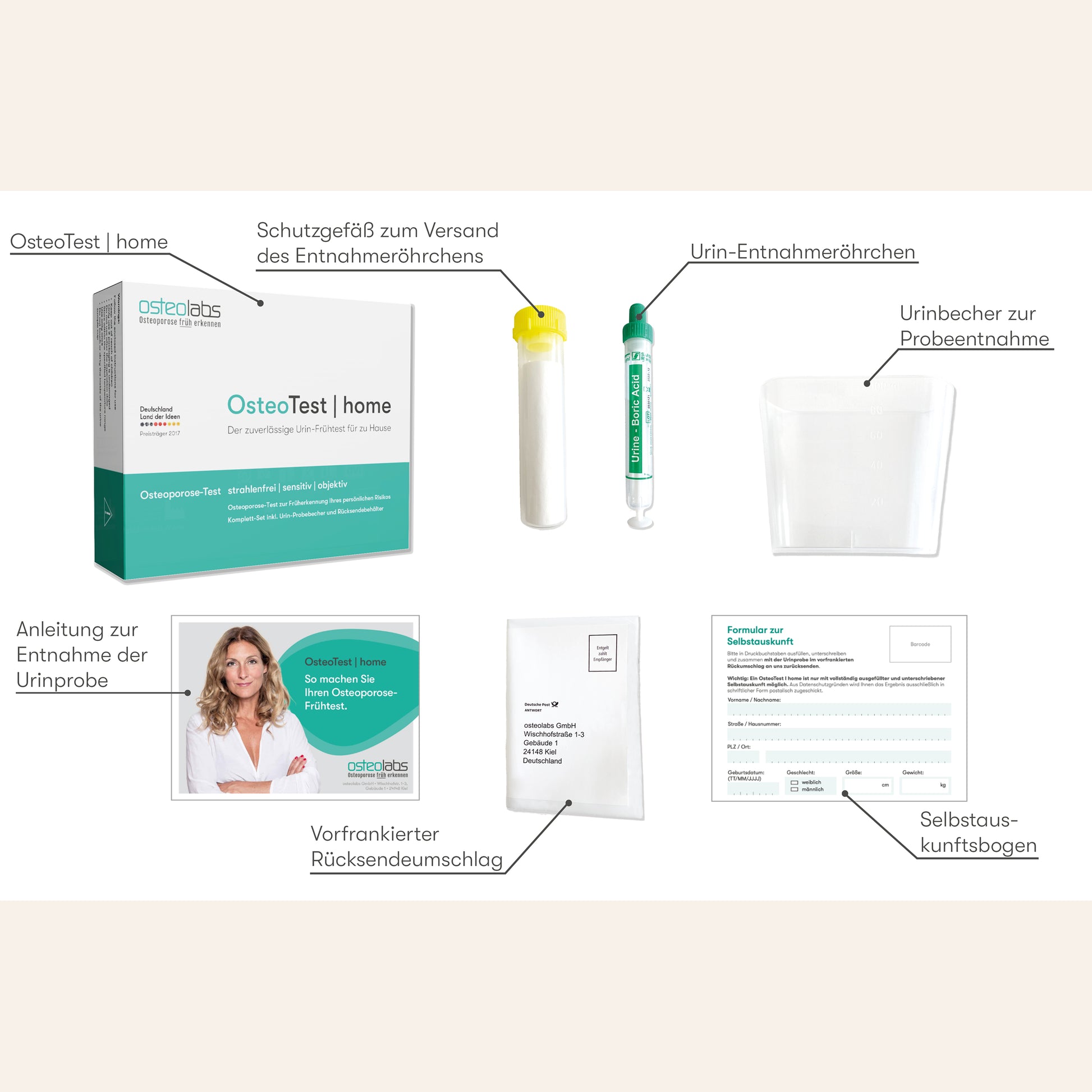 OsteoTest | home – Übersicht aller Komponenten des Urin-Tests zur Osteoporosefrüherkennung für zu Hause.