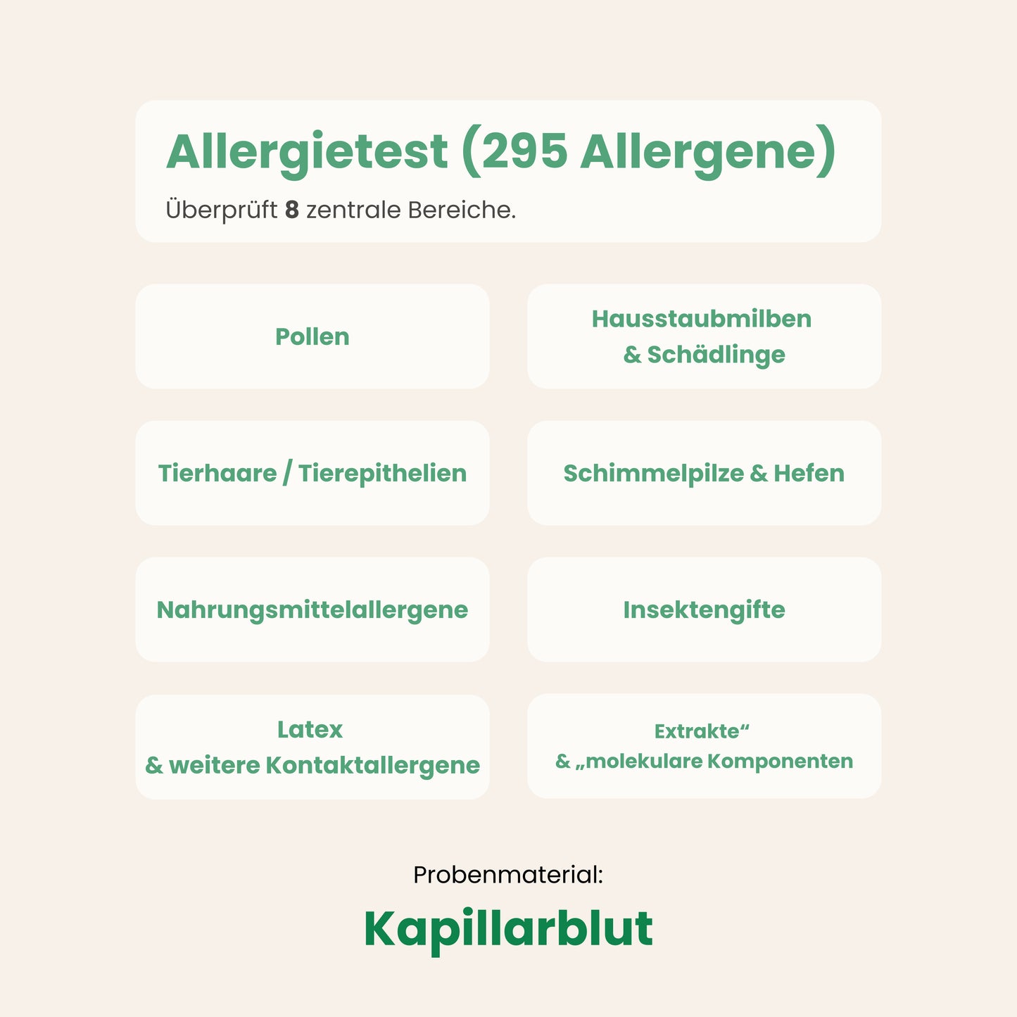 Allergietest überprüft 8 Allergenbereiche – von Pollen und Lebensmitteln bis zu Insektengiften. Probenmaterial: Kapillarblut.
