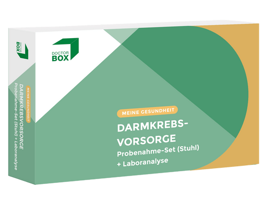 Die Verpackung der Darmkrebsvorsorge wird abgebildet. Die grünen DoctorBox Farben und ein helles Orange sowie das DoctorBox Logo oben links befinden sich auf der Verpackung. Meine Gesundheit, gefolgt von Darmkrebsvorsorge und mit dem Untertitel Probenahme-Set (Stuhl) + Laboranalyse 