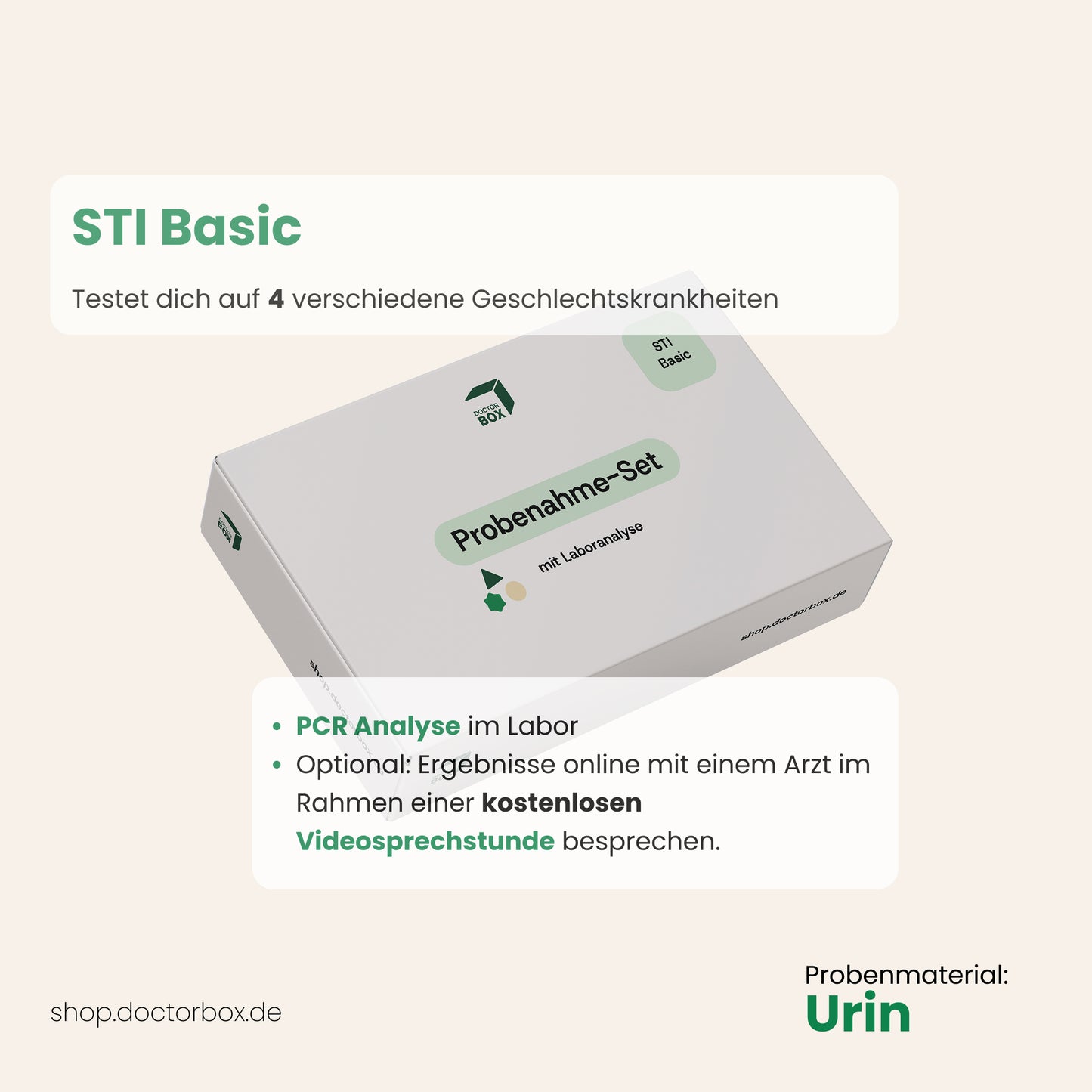 Produktbild vom STI Basic DoctorBox Geschlechtskrankheiten Test mit Beschreibung der Leistungen. Mittels Urin oder Vaginalabstrich möglich. 
