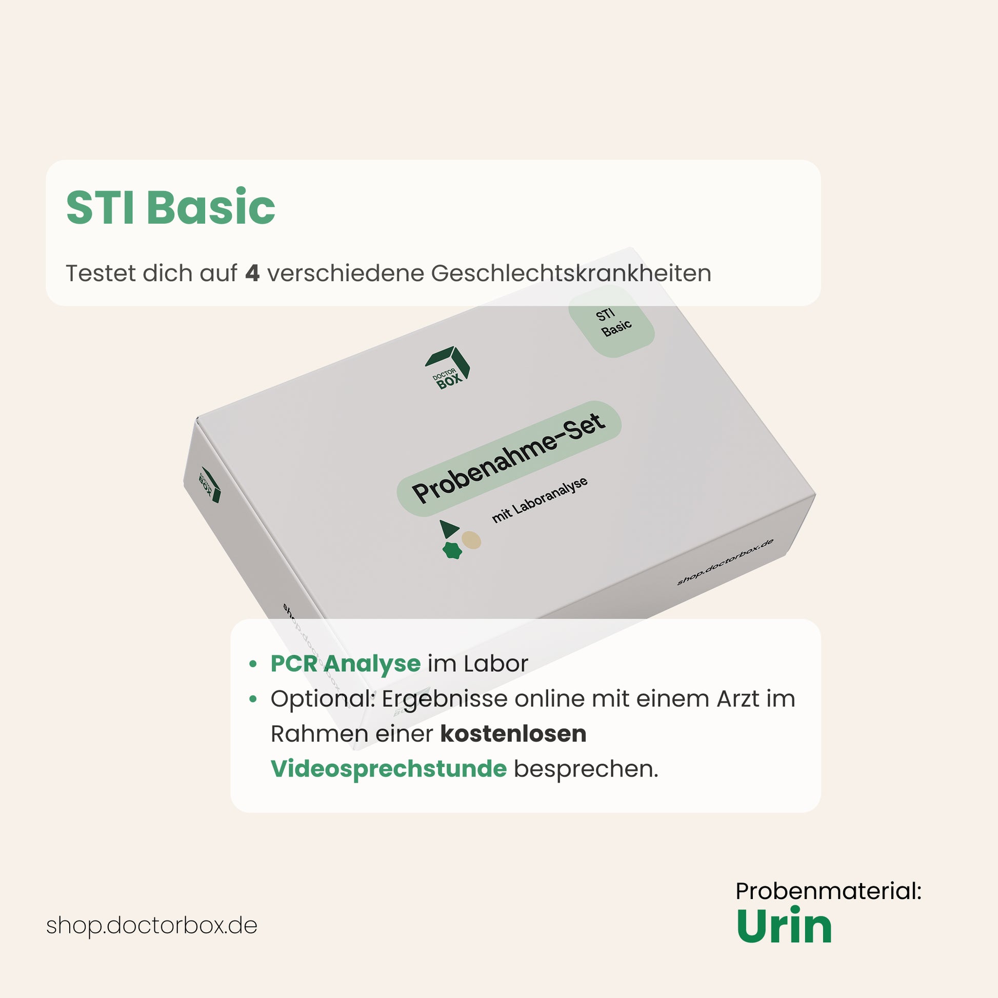 Produktbild vom STI Basic DoctorBox Geschlechtskrankheiten Test mit Beschreibung der Leistungen. Mittels Urin oder Vaginalabstrich möglich. 