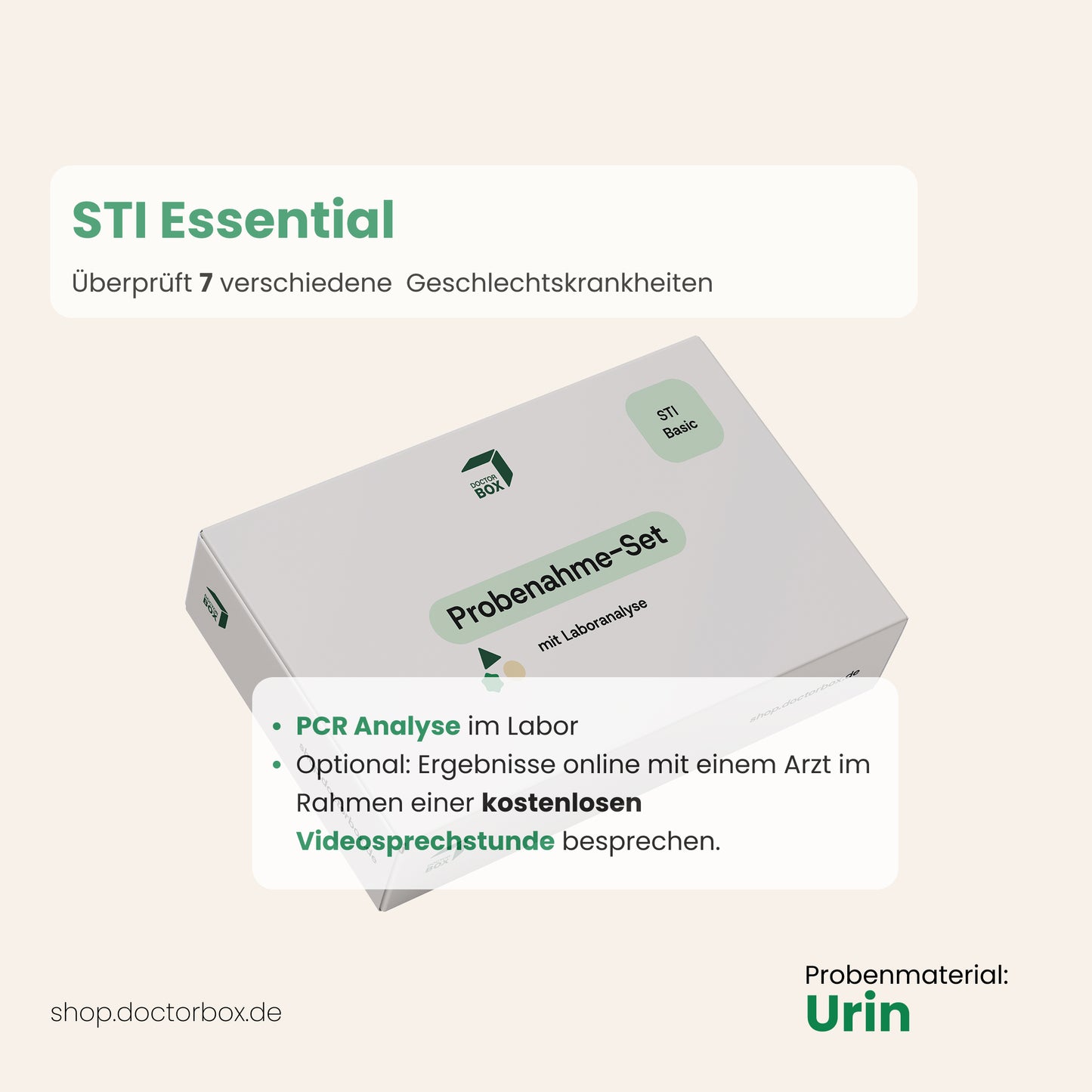 Produktbild vom STI Essential DoctorBox Geschlechtskrankheiten Test mit Beschreibung der Leistungen