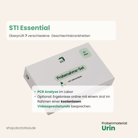 Produktbild vom STI Essential DoctorBox Geschlechtskrankheiten Test mit Beschreibung der Leistungen