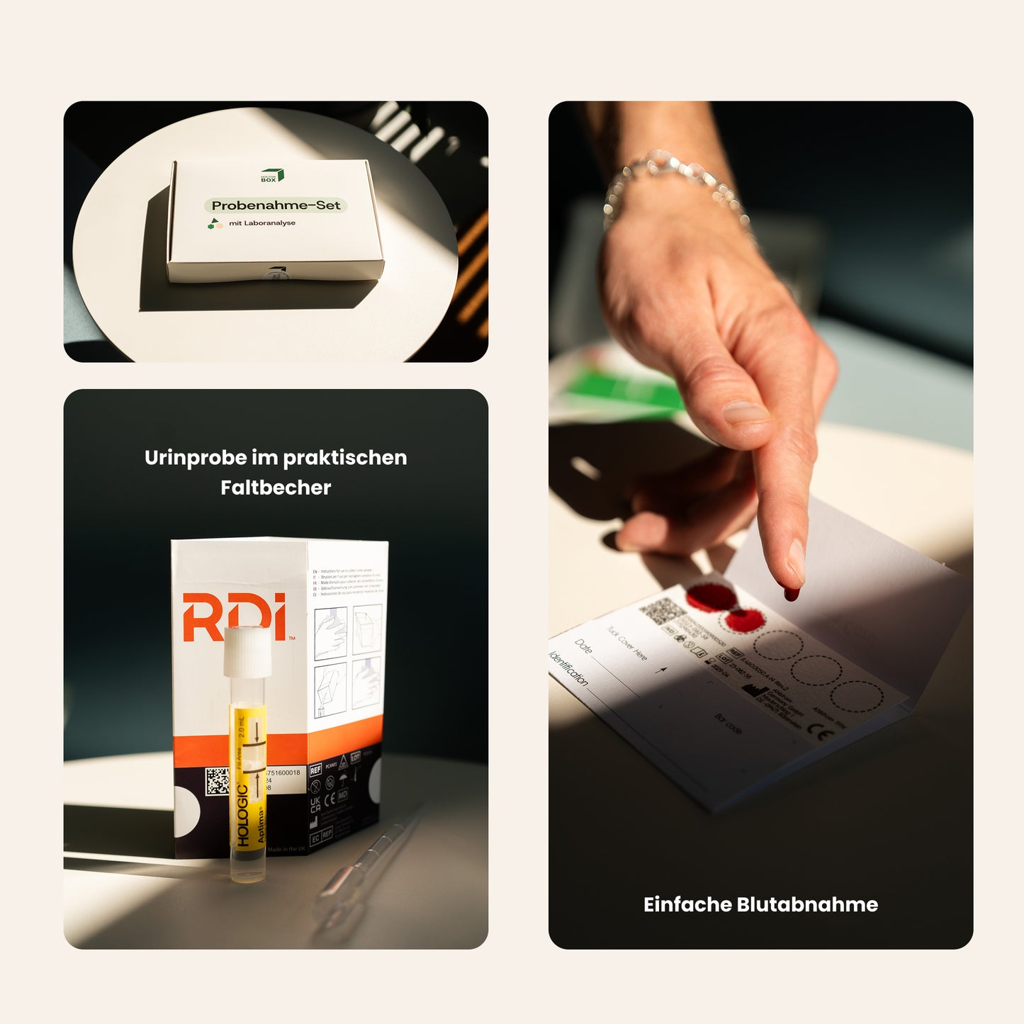 Komponenten des Urin- & Trockenblut Proenahme-Sets von DoctorBox